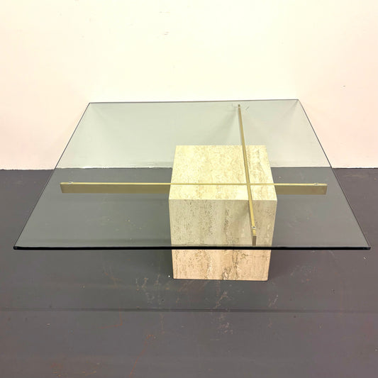 Mid Century Travertine, Brass & Glass Coffee Table By Artedi