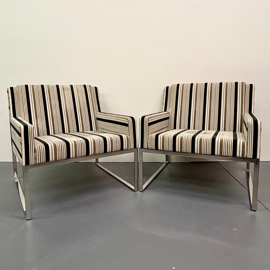 Mid Century Chrome Pair Of Upholstered Lounge Chairs Attributed To Milo Baughman