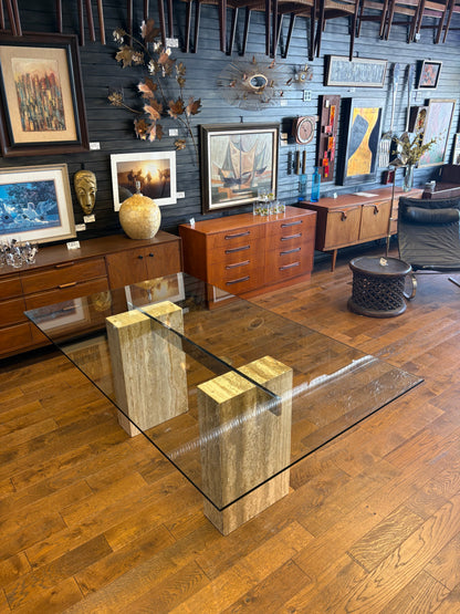 Mid Century Italian Travertine, Chrome & Glass Dining Table By Artedi