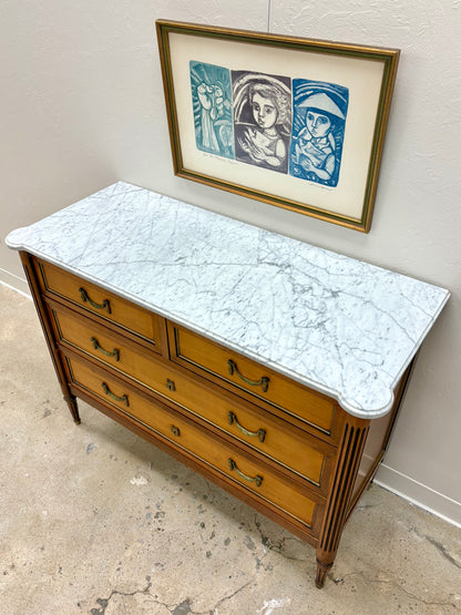 Antique French Louis XVI Style White Marble Top Four Drawer Chest - France