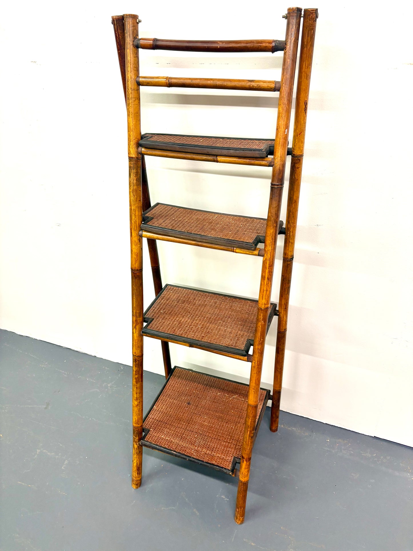 Vintage French Bamboo Folding Ladder Step Shelf