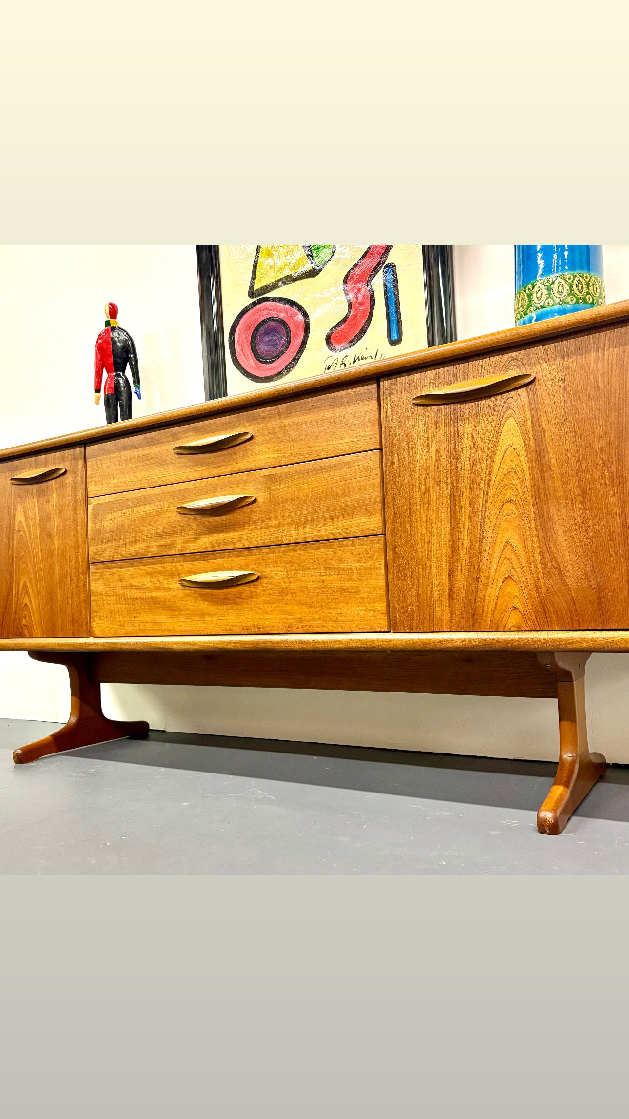 Mid Century Teak Trestle Base Credenza/Sideboard By Austin Suite Of England