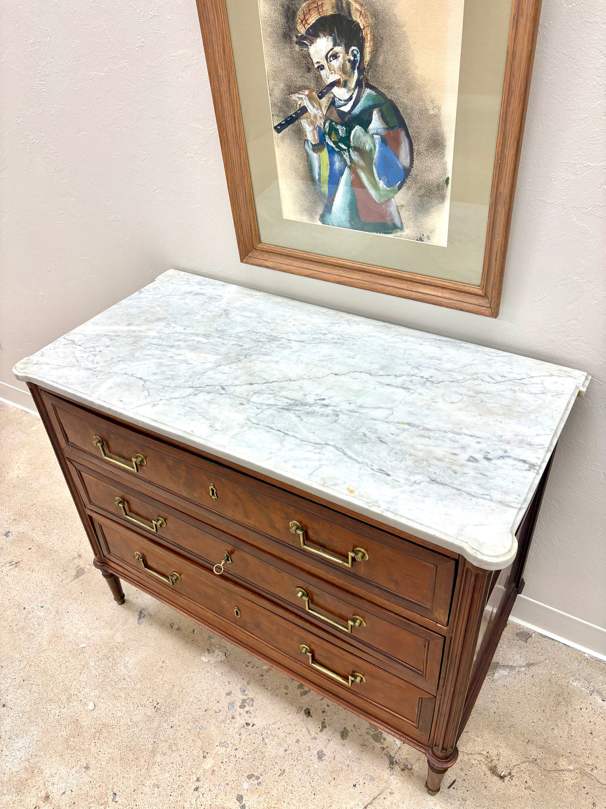 Antique French Louis XVI Style Marble Top Three Door Chest - France