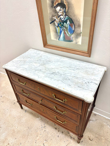 Antique French Louis XVI Style Marble Top Three Door Chest - France