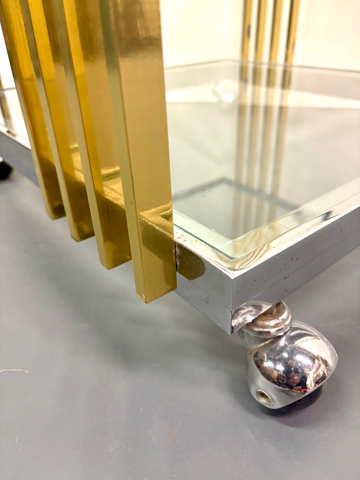 Mid Century 1970s Brass & Chrome Square Bar Cart