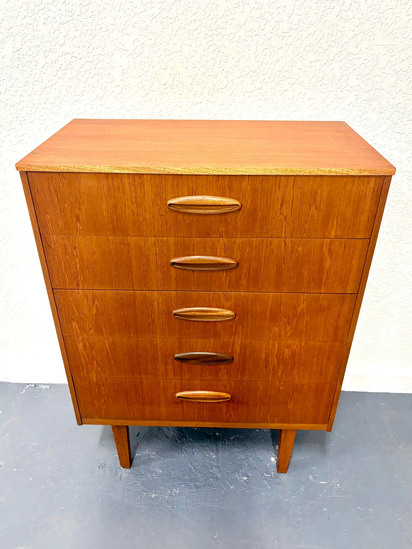 Mid Century Modern Teak Five Drawer Dresser From England