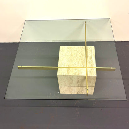 Mid Century Travertine, Brass & Glass Coffee Table By Artedi
