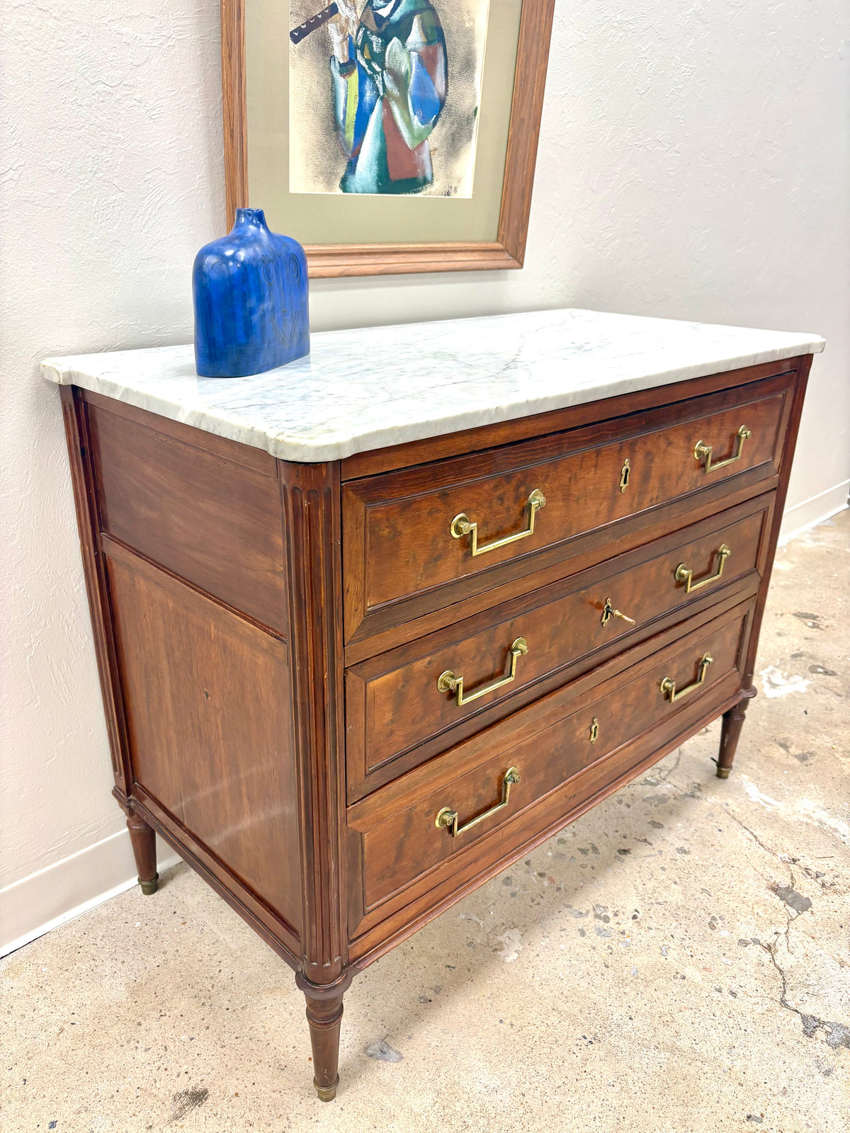Antique French Louis XVI Style Marble Top Three Door Chest - France