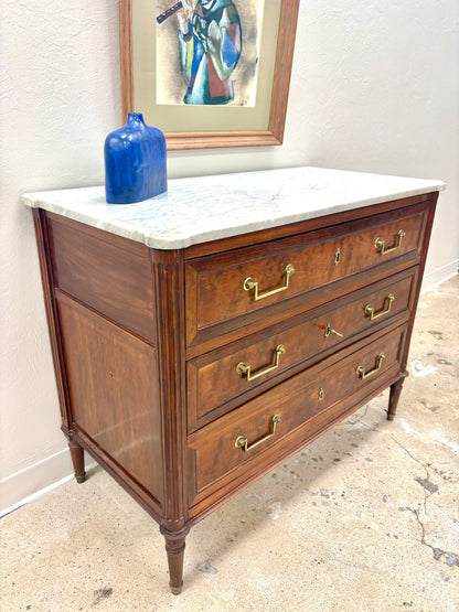 Antique French Louis XVI Style Marble Top Three Door Chest - France