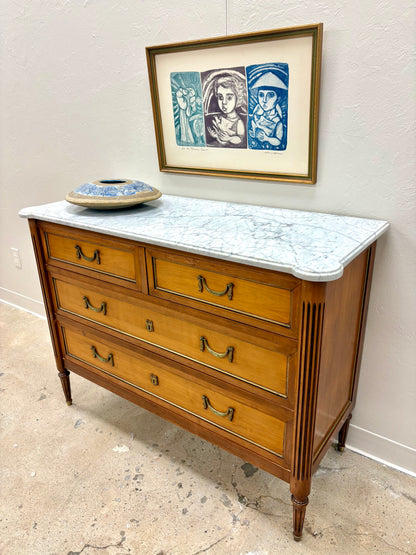 Antique French Louis XVI Style White Marble Top Four Drawer Chest - France