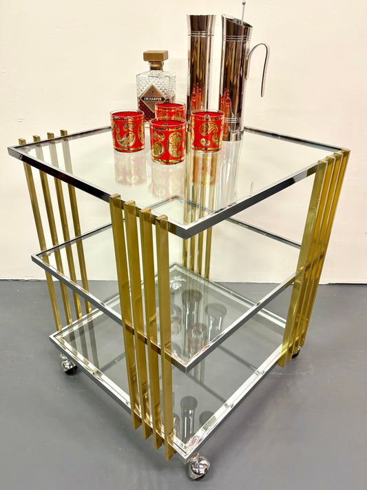 Mid Century 1970s Brass & Chrome Square Bar Cart