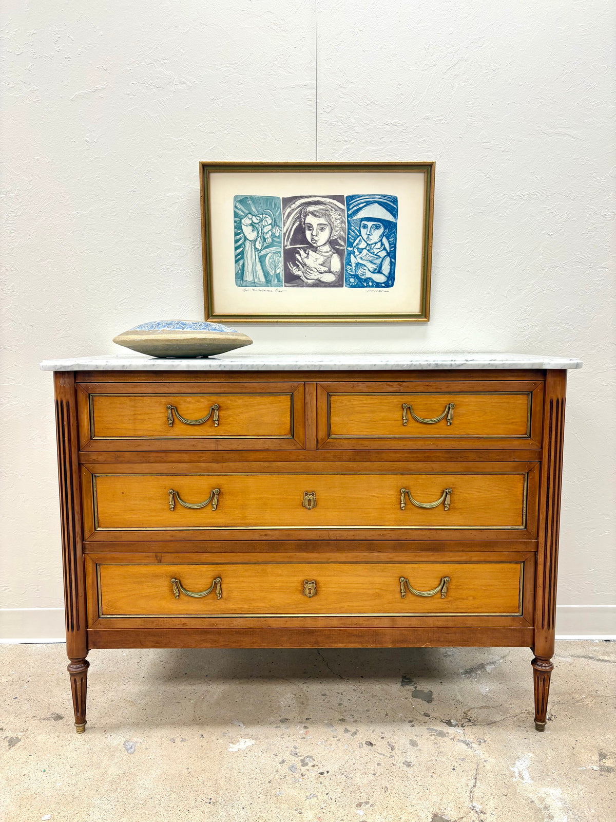 Antique French Louis XVI Style White Marble Top Four Drawer Chest - France