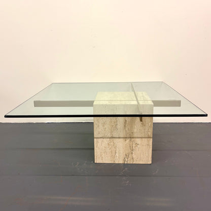 Mid Century Travertine, Brass & Glass Coffee Table By Artedi