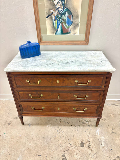 Antique French Louis XVI Style Marble Top Three Door Chest - France