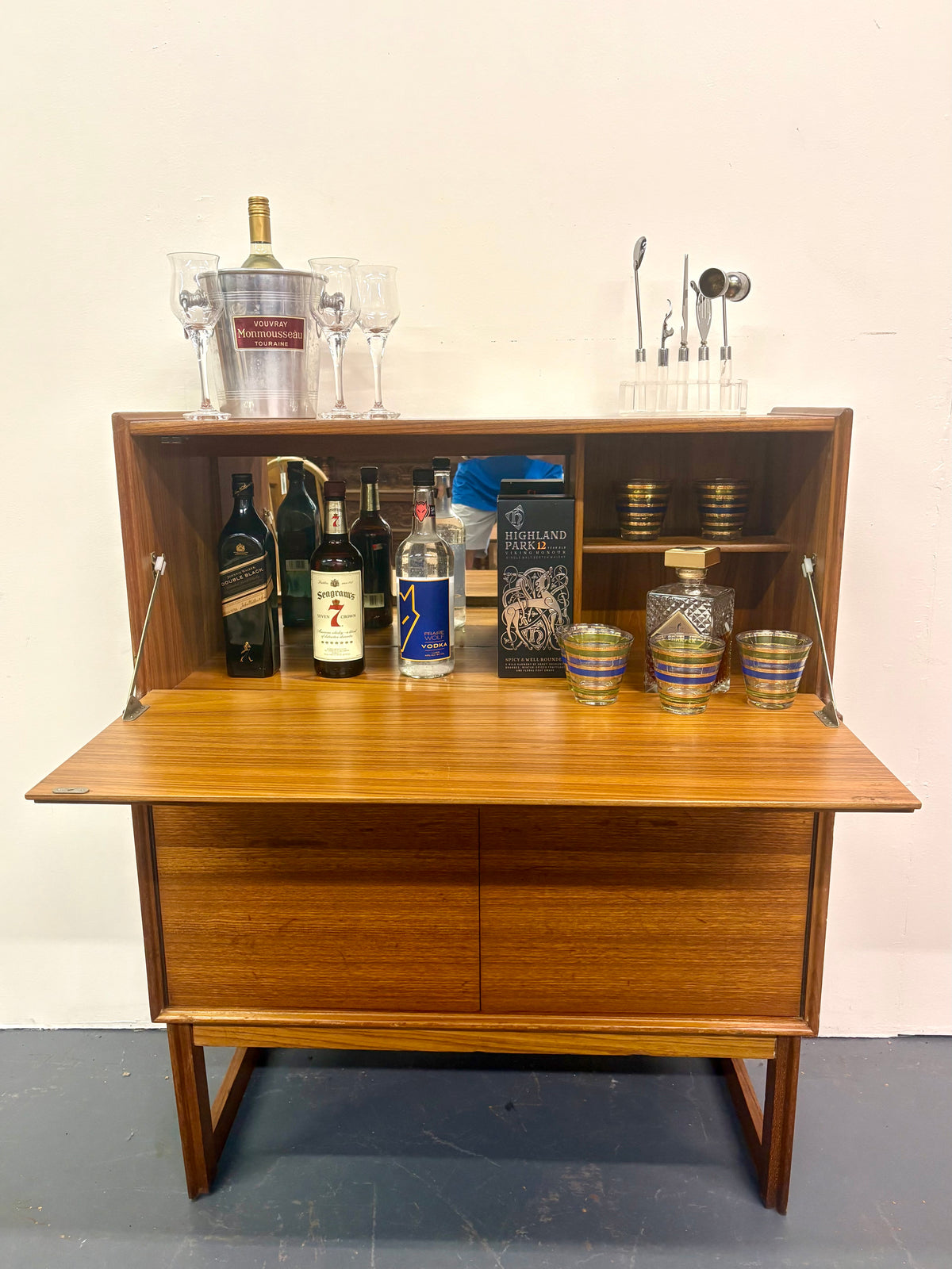 Mid Century Teak Cocktail Cabinet With Drop Down By Turnidge - England