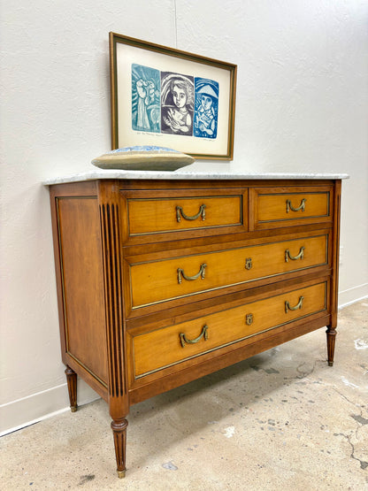 Antique French Louis XVI Style White Marble Top Four Drawer Chest - France