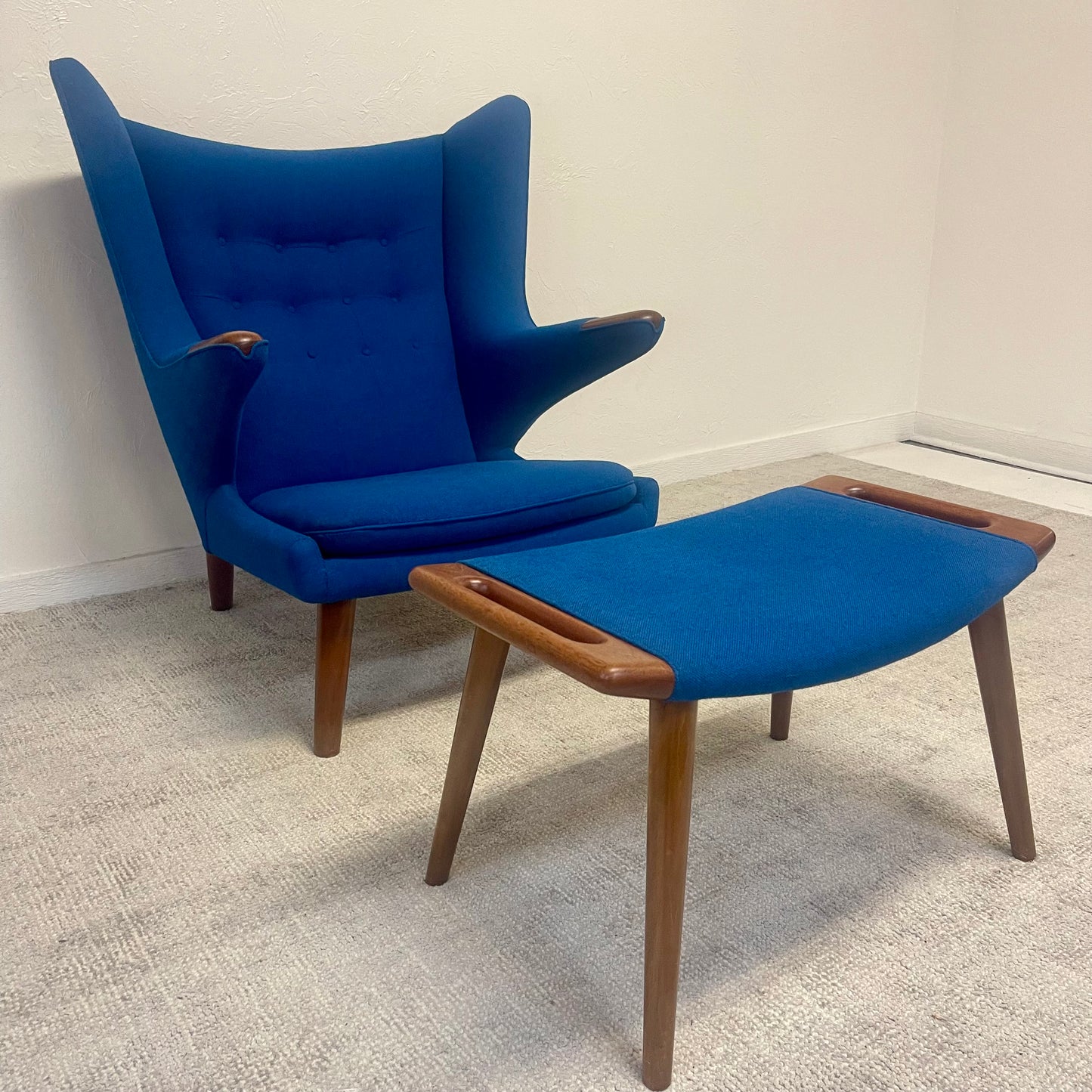 MID CENTURY MODERN PAPA BEAR CHAIR AND OTTOMAN BY HANS J. WEGNER