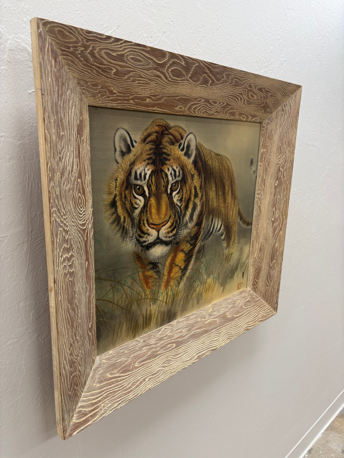 Beautiful Vintage Mid Century Japanese Prowling Tiger Framed Art