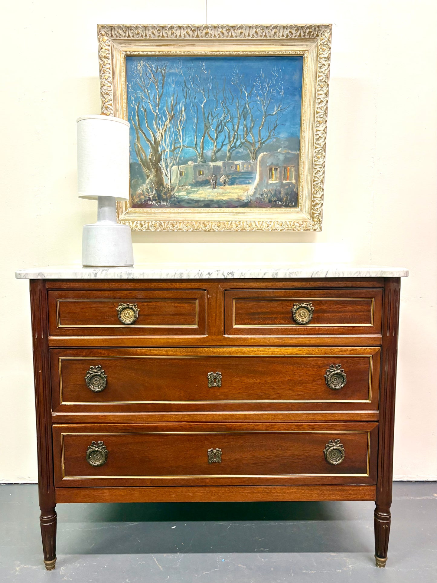 Antique French Louis XVI Marble Top Four Drawer Chest