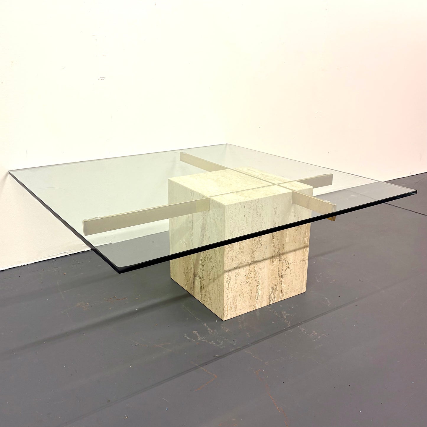 Mid Century Travertine, Brass & Glass Coffee Table By Artedi