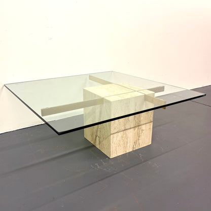 Mid Century Travertine, Brass & Glass Coffee Table By Artedi