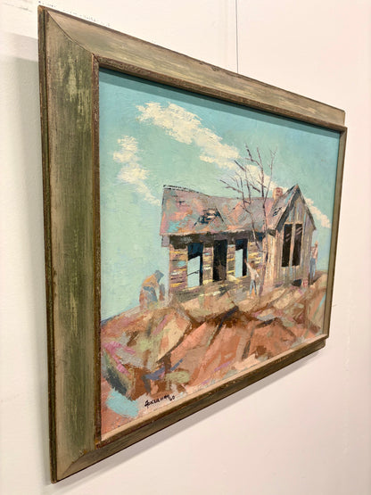 Mid Century Impressionistic Rural Landscape Oil On Board Painting By Frank Ackerman - California