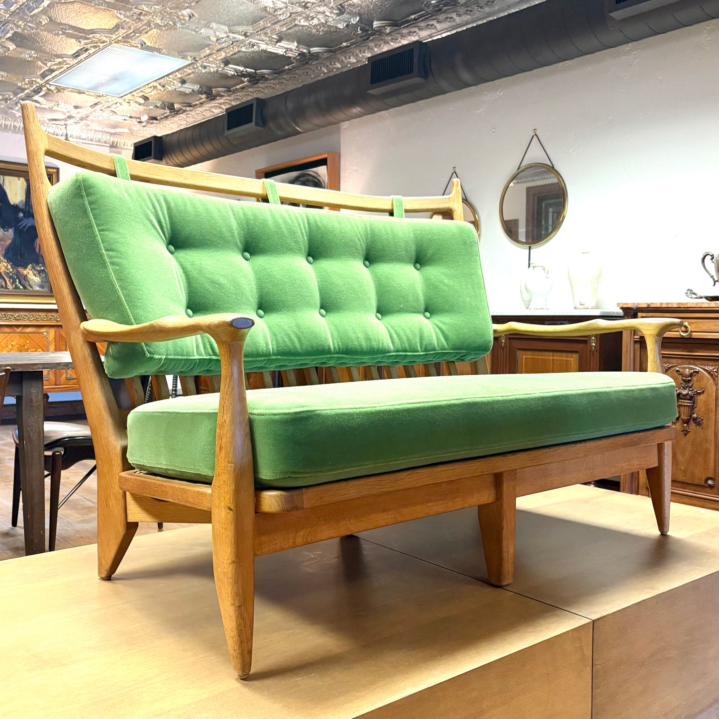 FRENCH MODERN GUILLERME ET CHAMBRON SETTEE, REUPHOLSTERED