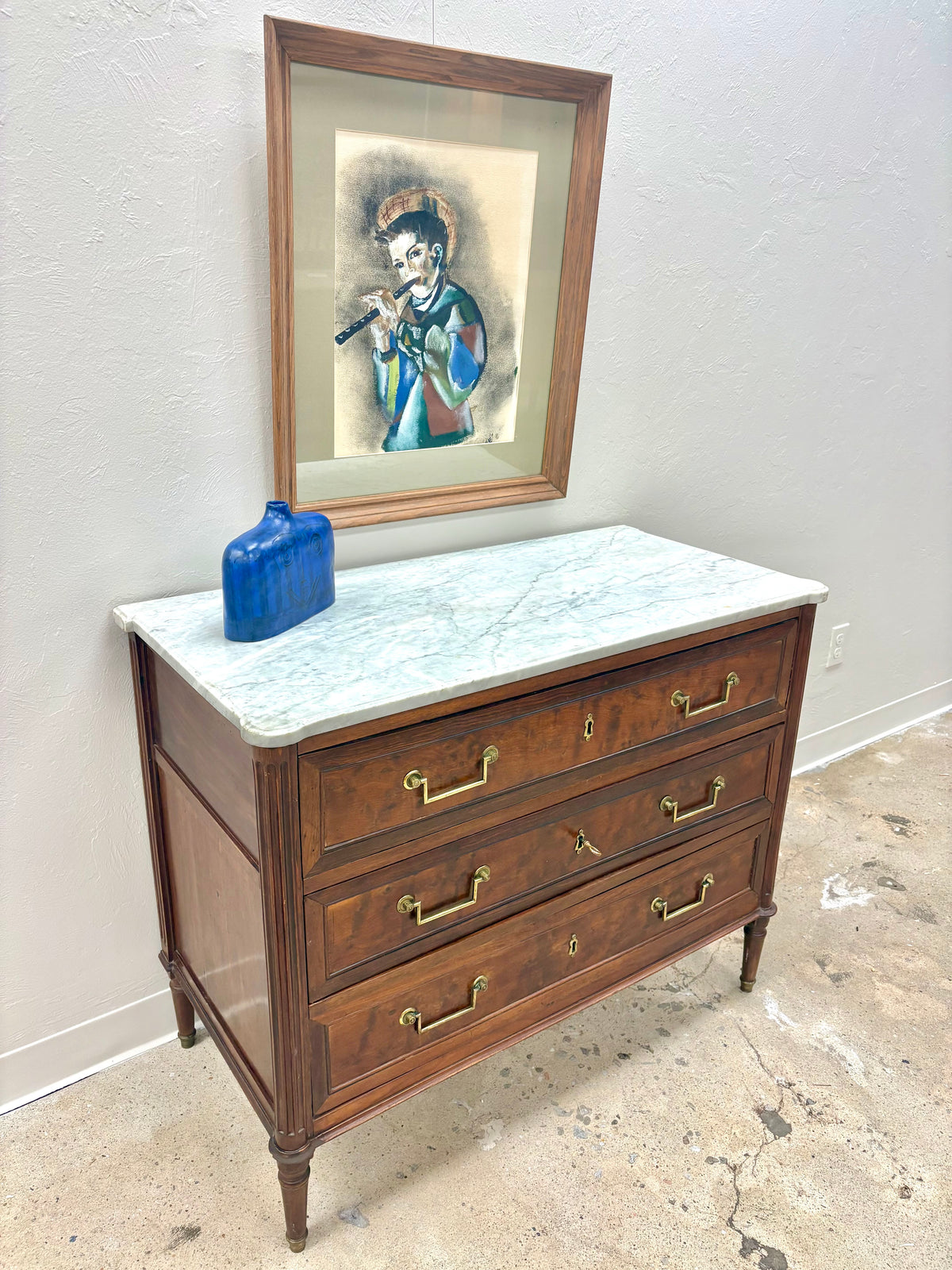 Antique French Louis XVI Style Marble Top Three Door Chest - France