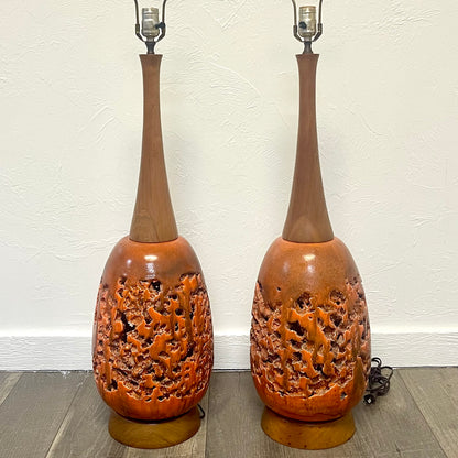 MID CENTURY BRUTALIST LAVA GLAZE CERAMIC LAMPS, 1960s
