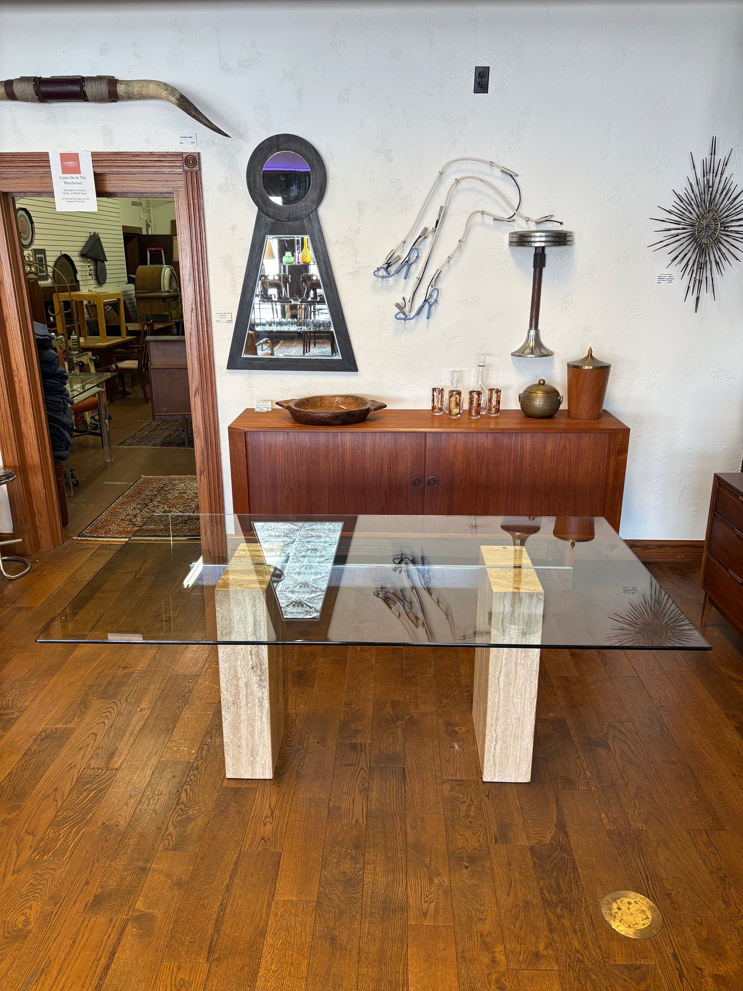 Mid Century Italian Travertine, Chrome & Glass Dining Table By Artedi
