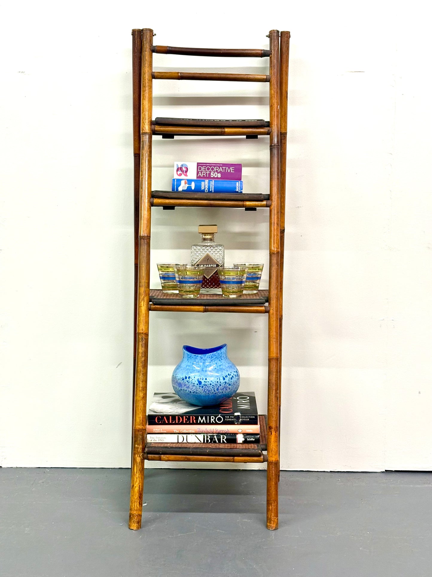 Vintage French Bamboo Folding Ladder Step Shelf