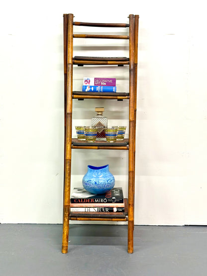 Vintage French Bamboo Folding Ladder Step Shelf