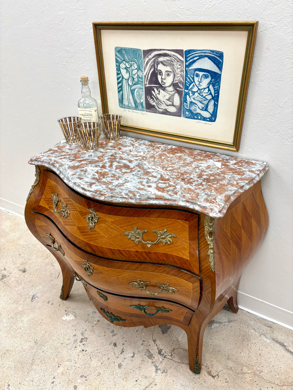 Antique Swedish Marble Top Bombe Chest/Dresser - Sweden