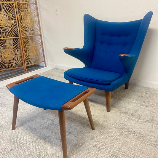 MID CENTURY MODERN PAPA BEAR CHAIR AND OTTOMAN BY HANS J. WEGNER