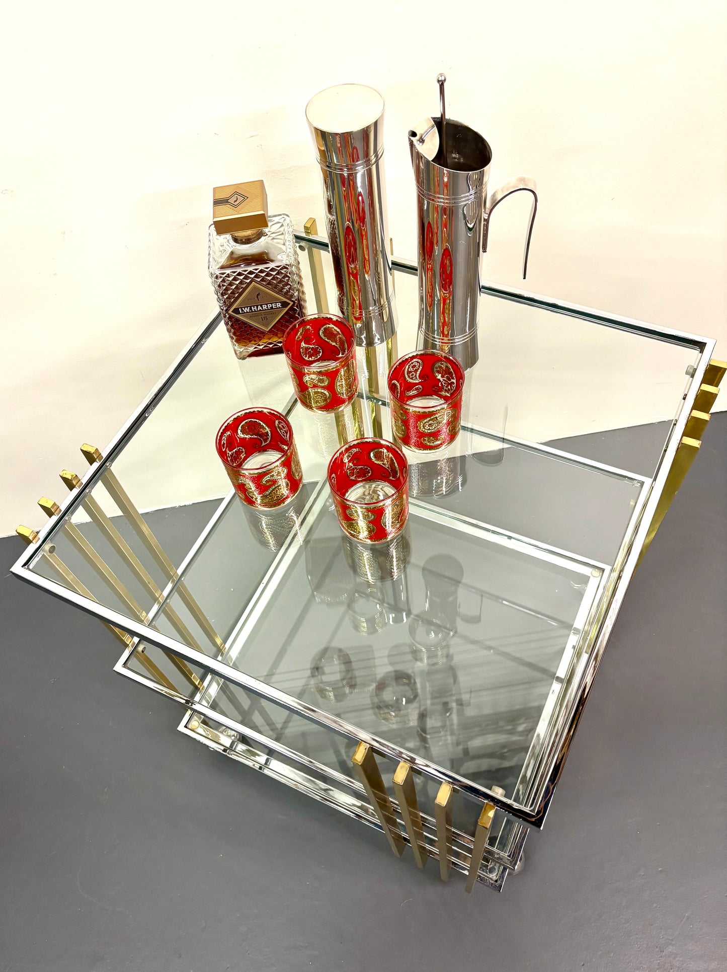 Mid Century 1970s Brass & Chrome Square Bar Cart