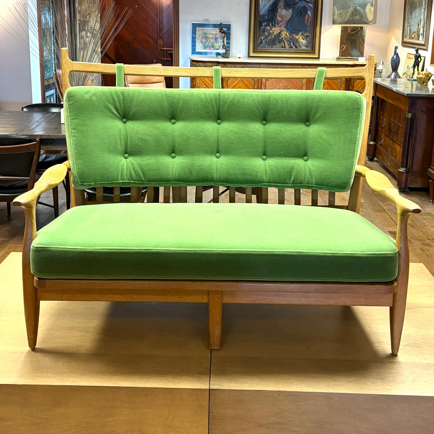 FRENCH MODERN GUILLERME ET CHAMBRON SETTEE, REUPHOLSTERED