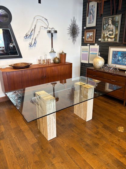 Mid Century Italian Travertine, Chrome & Glass Dining Table By Artedi