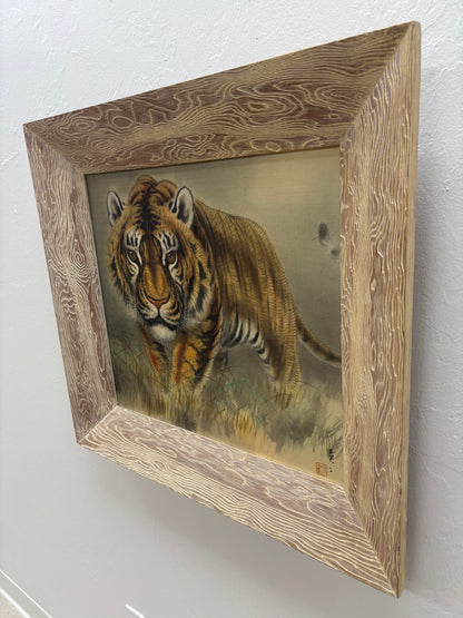 Beautiful Vintage Mid Century Japanese Prowling Tiger Framed Art