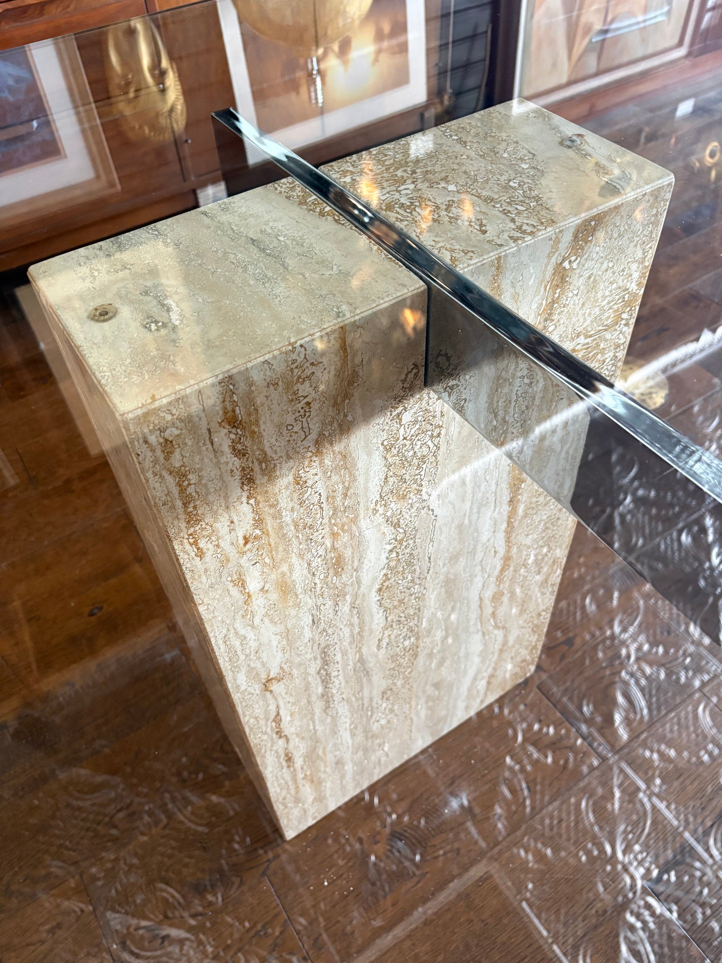 Mid Century Italian Travertine, Chrome & Glass Dining Table By Artedi