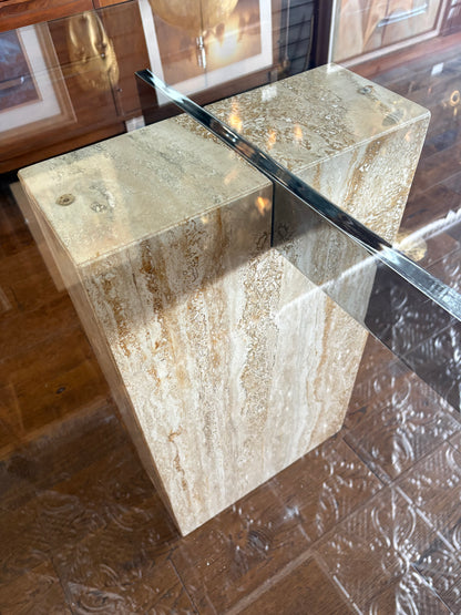 Mid Century Italian Travertine, Chrome & Glass Dining Table By Artedi