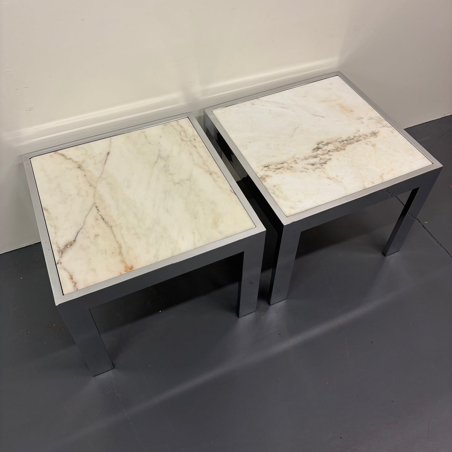 Mid Century Travertine & Chrome Pair Of End Tables By DIA