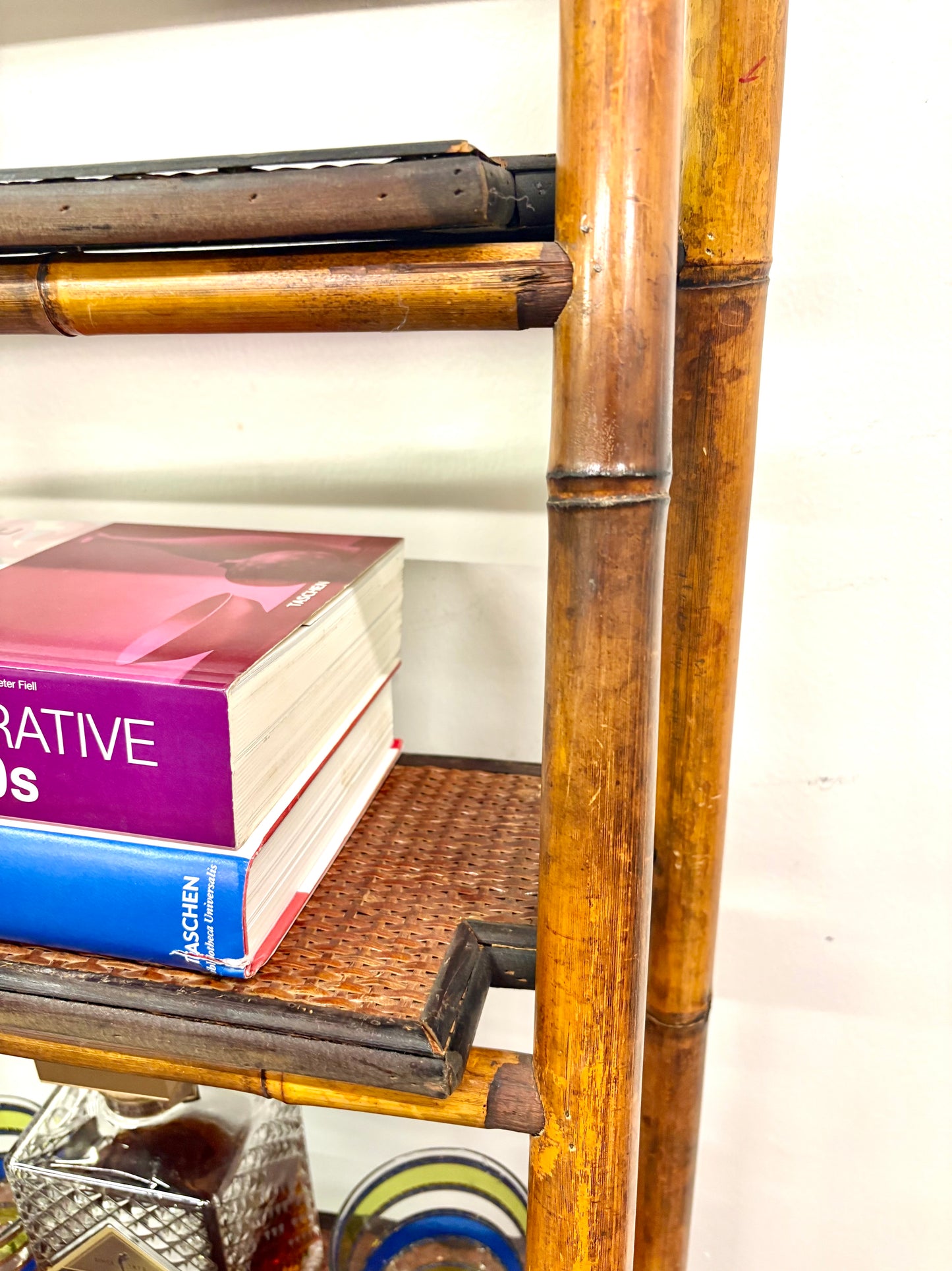 Vintage French Bamboo Folding Ladder Step Shelf