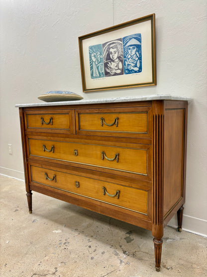 Antique French Louis XVI Style White Marble Top Four Drawer Chest - France