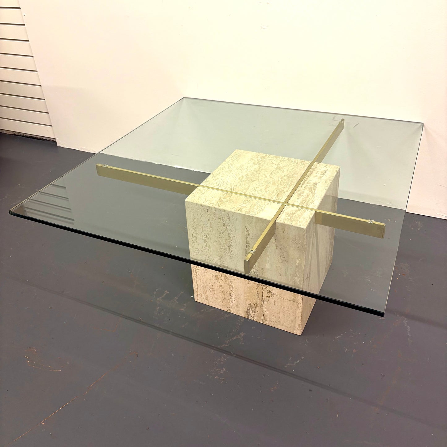 Mid Century Travertine, Brass & Glass Coffee Table By Artedi