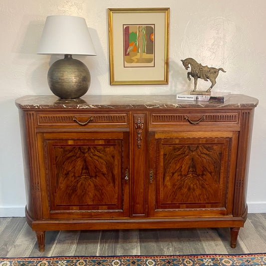 ANTIQUE FRENCH MARBLE TOP WALNUT SIDEBOARD, FRANCE - Flat Rate Shipping $395