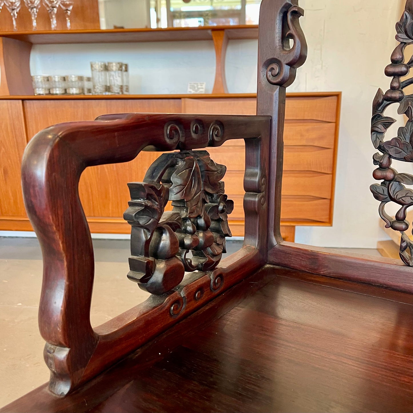 ANTIQUE CHINESE CARVED HARDWOOD ARM CHAIR