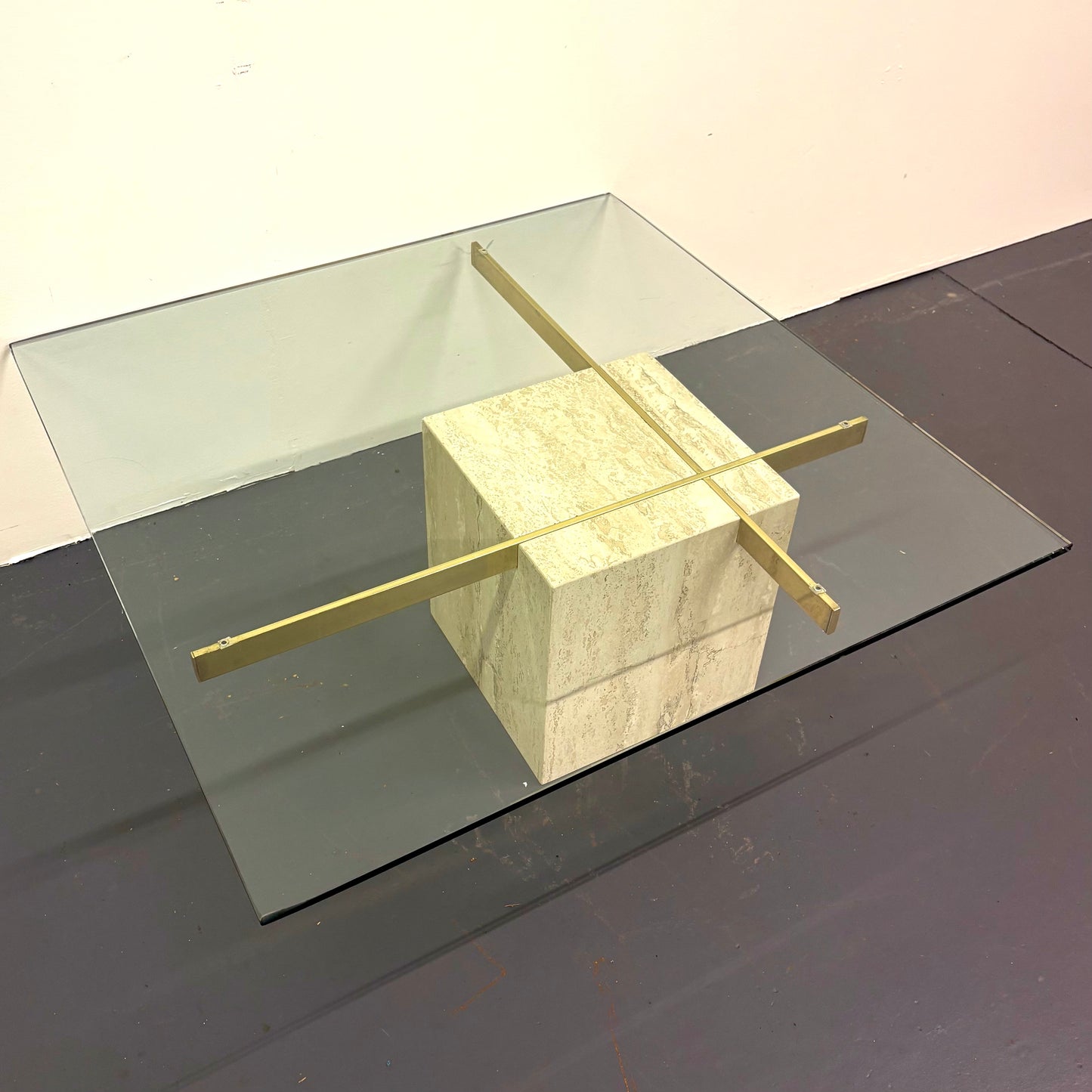 Mid Century Travertine, Brass & Glass Coffee Table By Artedi