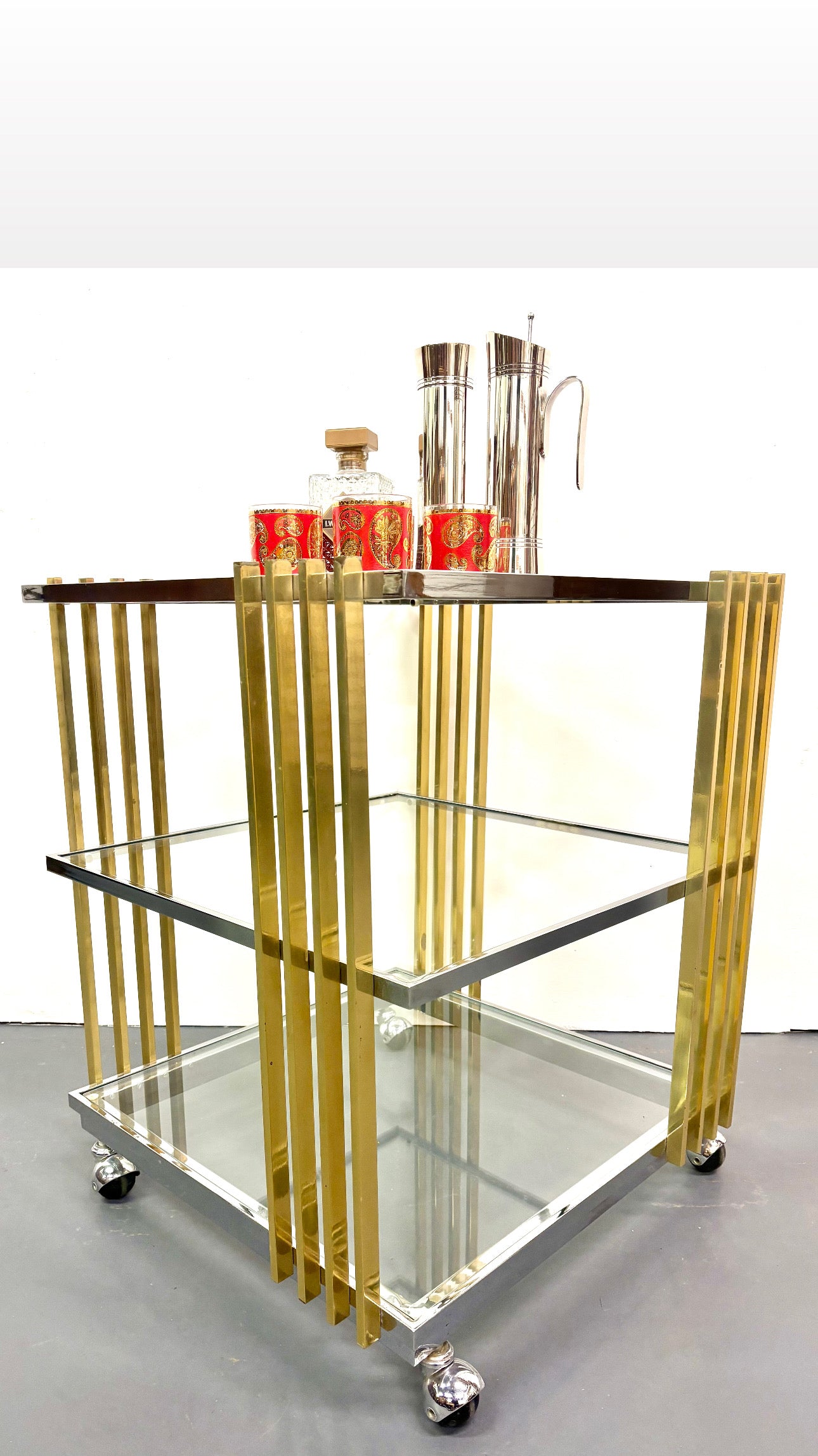 Mid Century 1970s Brass & Chrome Square Bar Cart
