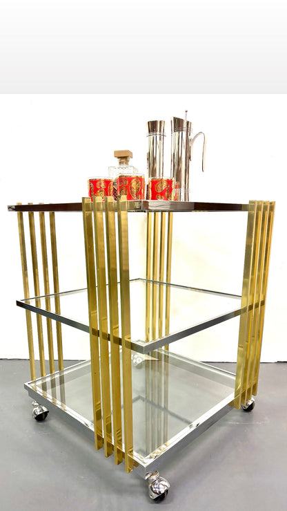 Mid Century 1970s Brass & Chrome Square Bar Cart