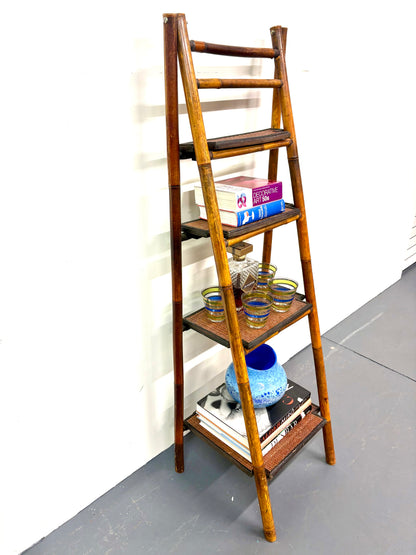 Vintage French Bamboo Folding Ladder Step Shelf